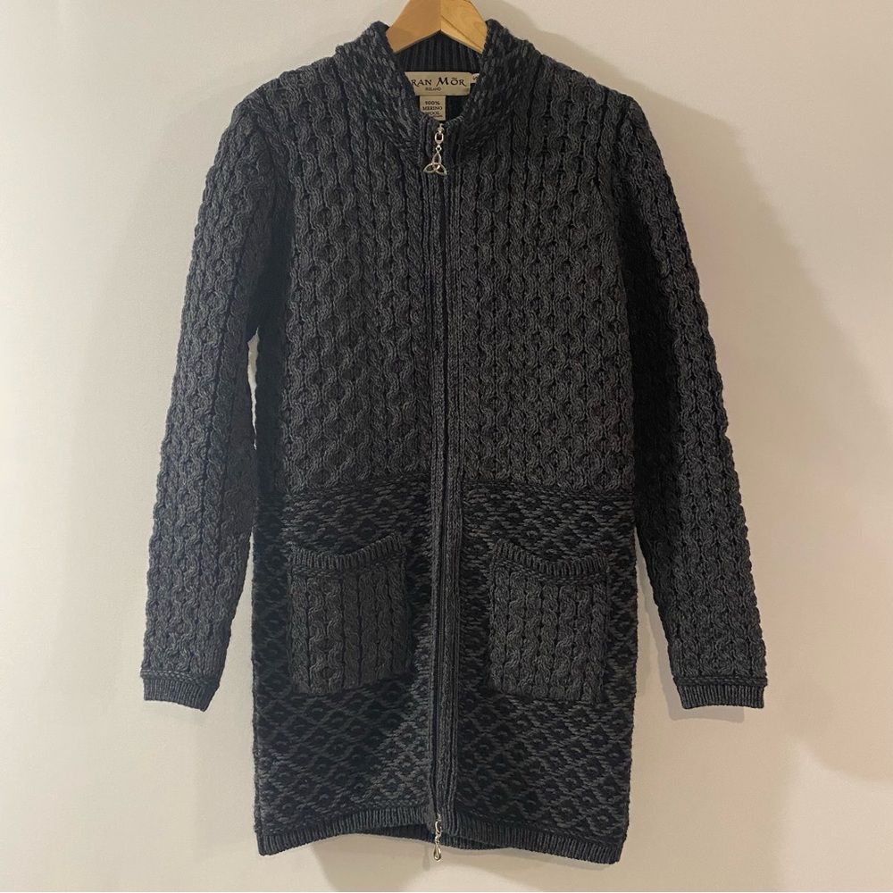 Aran Mor 100% Merino Wool Long Full Front Zippered Sweater Made in Ireland